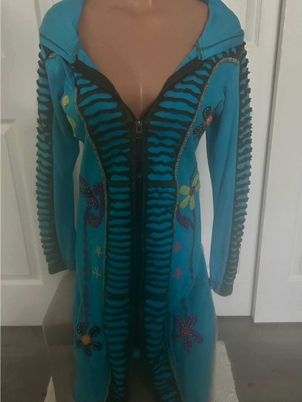 Source Unknown Teal Blue Embroidered Hooded Coat
